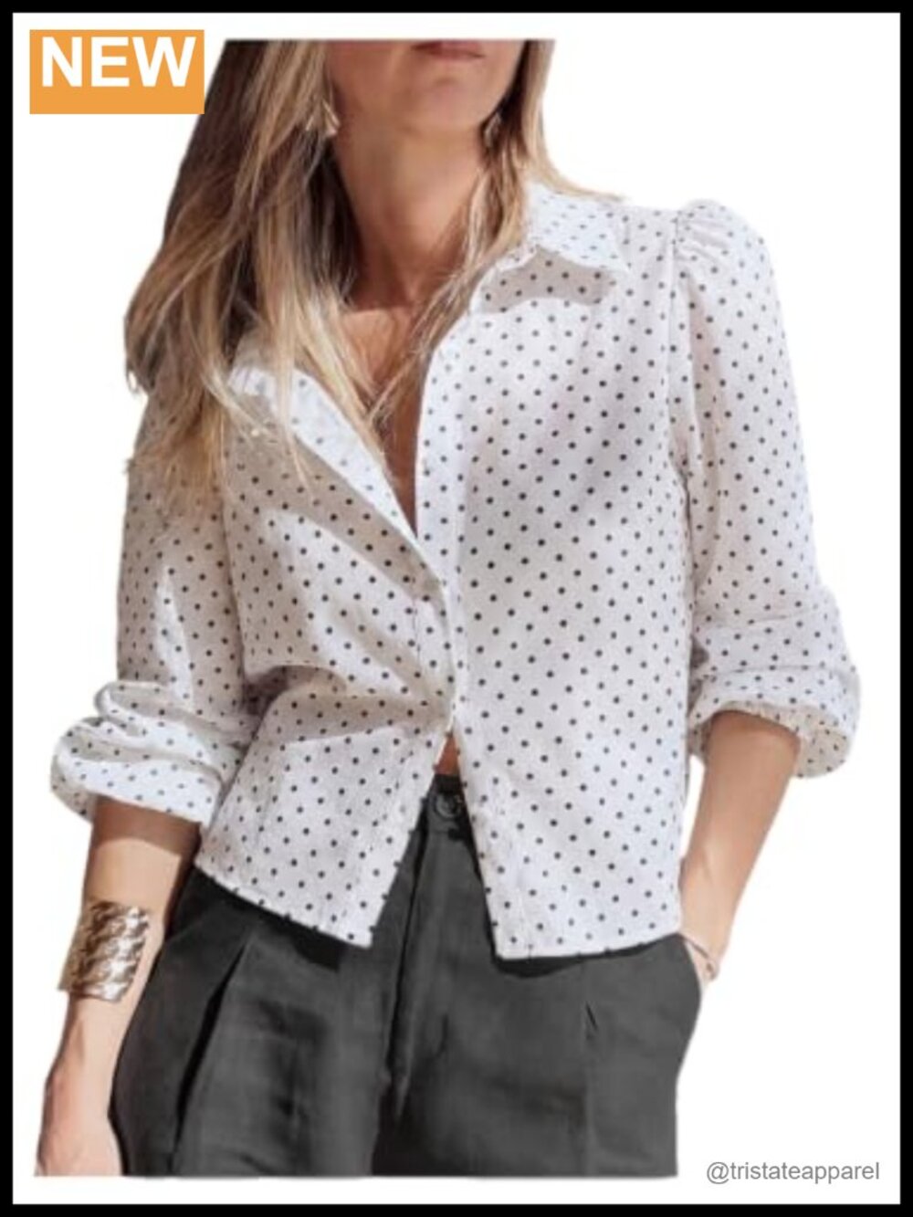 SHENHE Polka Dots Button Down Blouse 3/4 Sleeve Collared Business Casual Top